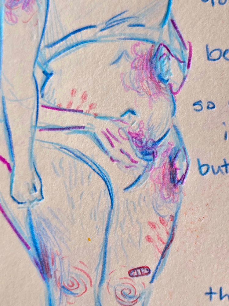 A close up of the torso of the girl in the front of the piece. you can see small details such as hand prints imprinted on her in red, pinks in the purple bruises and stretch marks in a light blue.