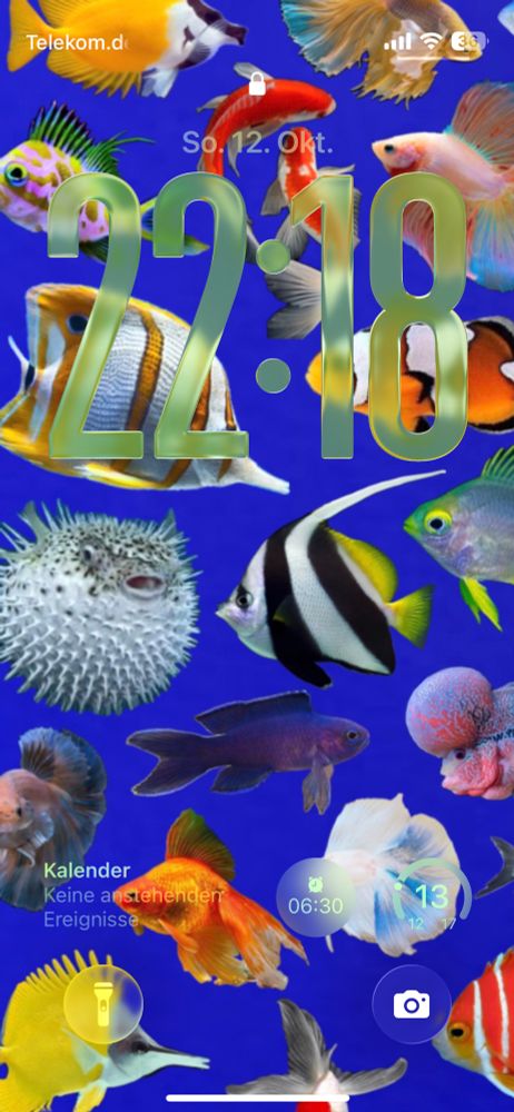 Hintergrundbild mit Korallenfischen darauf die Unrzeig in Liquid Glass grün schimmernd - frutiger aero style