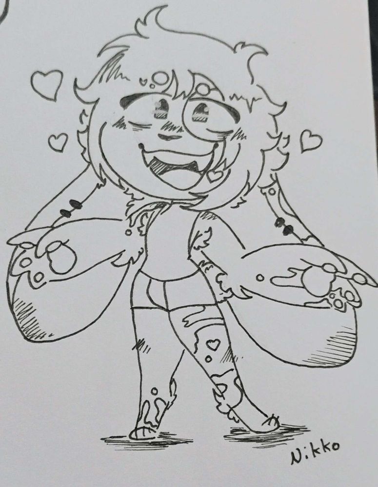 uncolored traditional full body chibi of my oc Colby (rabbit demon guy with lop ears and paw pads on his hands, he also has fangs and is wearing earrings, he's fluffy, and he's wearing a sleeveless turtle neck and shorts) smiling and holding up his arms/hands maybe like he's wanting a hug. He has a couple hearts around him