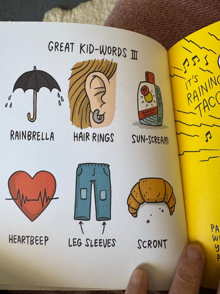 Photo of a page in a children’s book called Dad Man Walking by Toby by Morris. Describes kids version of names for things such as ‘Heartbeep’ instead of heartbeat. 