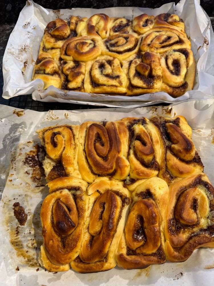 Two trays of cinnamon scrolls that I baked today. Tasty!