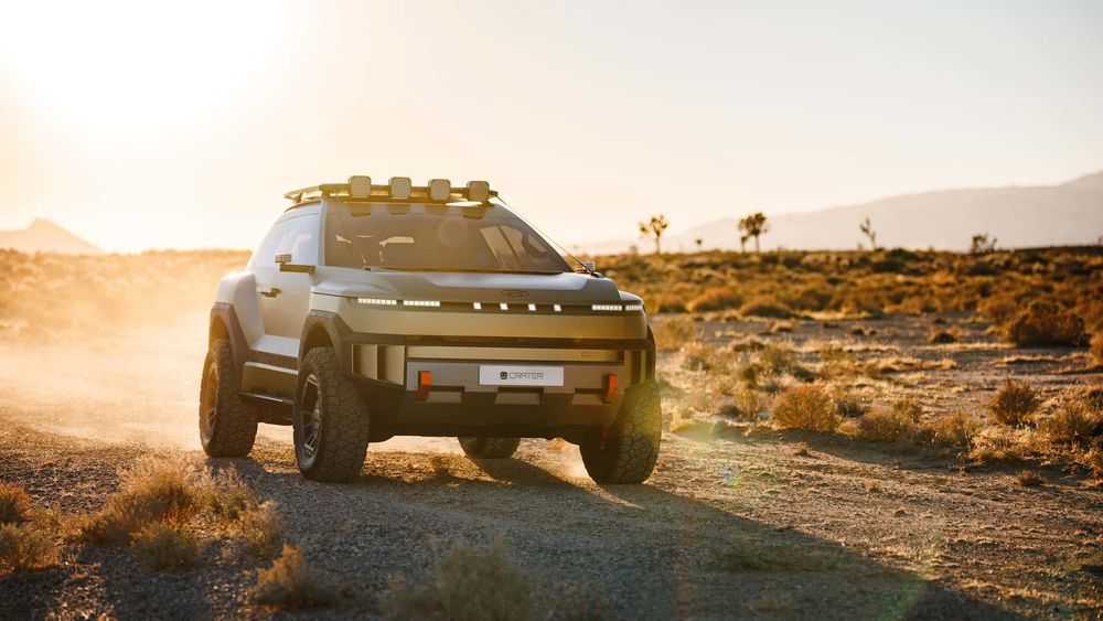 Hyundai Crater Concept car showing the front lights and overhead light bar with a pixelated look