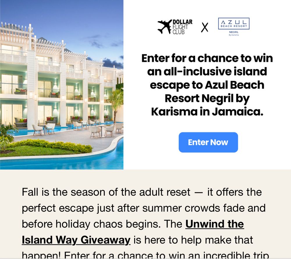 Screenshot of an email in my inbox, advertising a sweepstakes get away to the Azul Beach Resort Hotel in Negril, Jamaica.