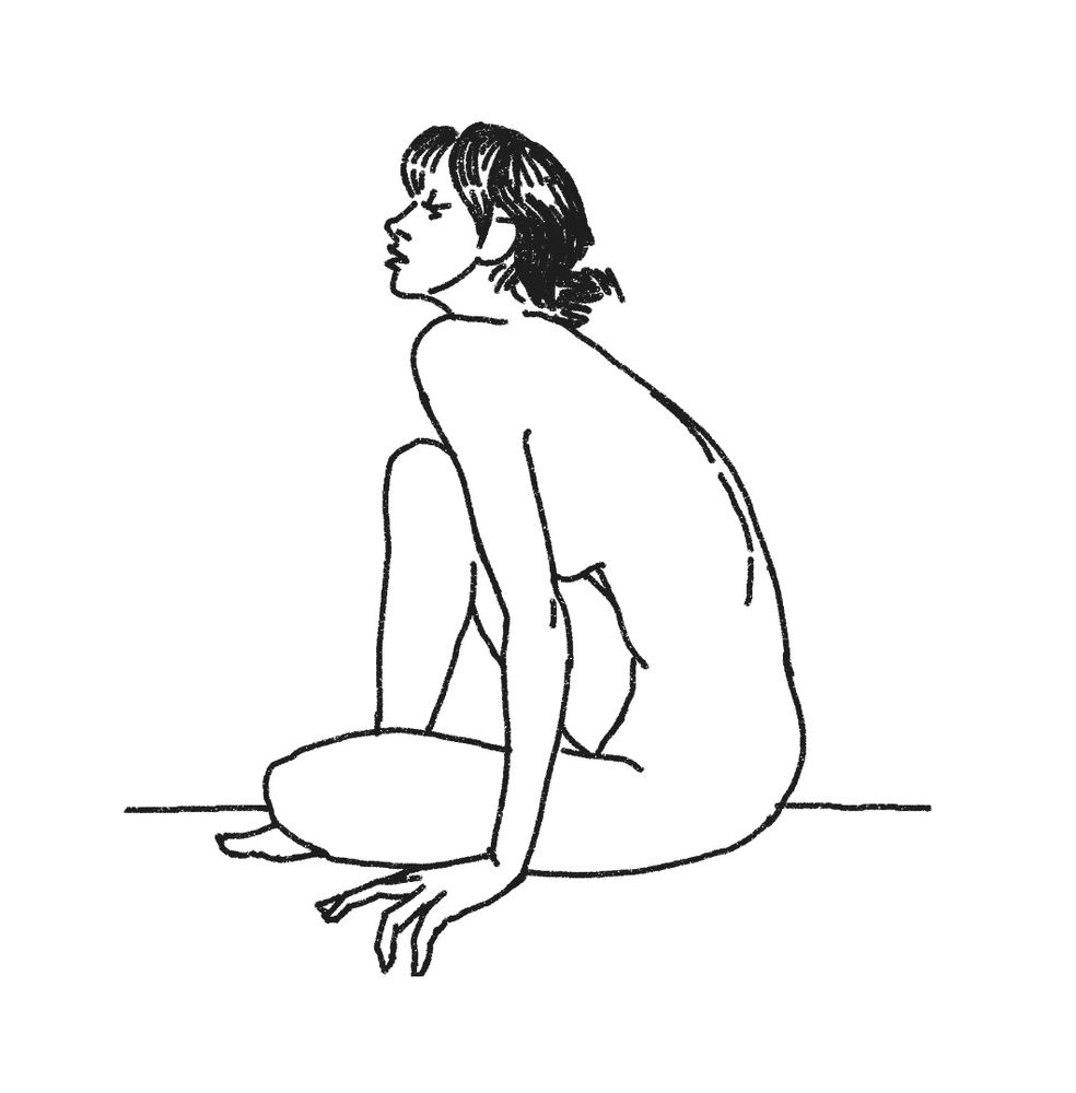 monoline figure drawing of a tall model sitting in profile with one knee bent to her chest