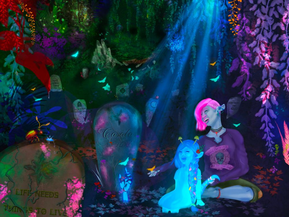 Bone Orchard Beats

Calliope Clay--a pink-haired firbolg--sits on the leafy floor of the cemetery known as the Blooming Grove (or Bone Orchard depending on who you ask.) 

In front of her is the ghost of a little girl, her ethereal legs disappearing into the ground. Calliope is braiding her hair with beads and flowers. The two are laughing as a butterfly has just flown through the ghost to land on Calliope's outstretched hand. 

From a nearby grave, a ghostly hand reaches up. A glowing moth rests on the tip of its finger.

The graveyard is full of unique headstones, many of them references to Critical Role. The Grove is lush with wild plant life in riotous colors.