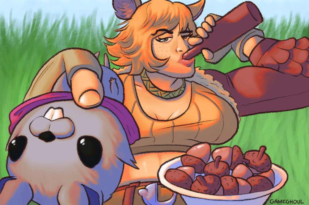 A drawing of the Marvel Rivals character Squirrel Girl based on a viral stock photo of a man slouched on a sofa, drinking a beer and pointing his television remote towards the viewer