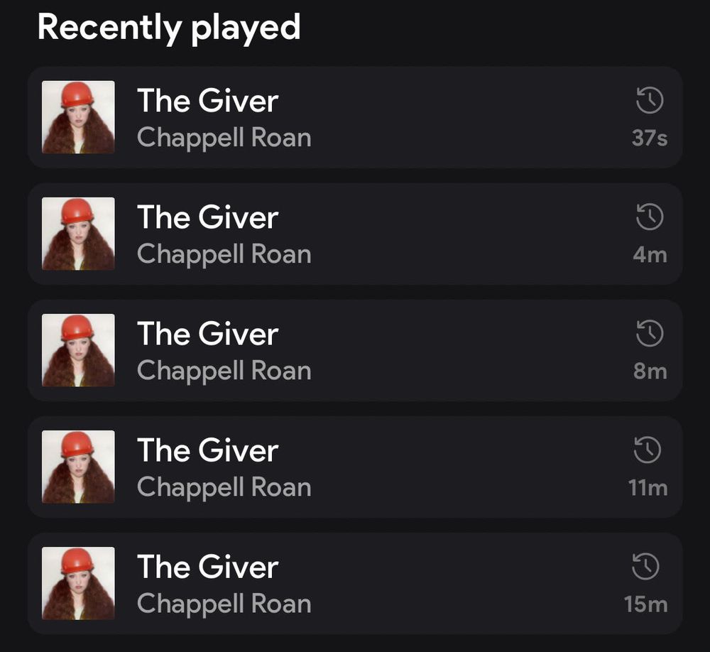 screenshot from stats.fm that says 

Recently played
The Giver by Chappell Roan
The Giver by Chappell Roan
The Giver by Chappell Roan
The Giver by Chappell Roan
The Giver by Chappell Roan
