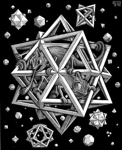 A picture of M. C. Escher's print ‘Stars’, depicting various polyhedra, with two chameleons inside the largest of them
