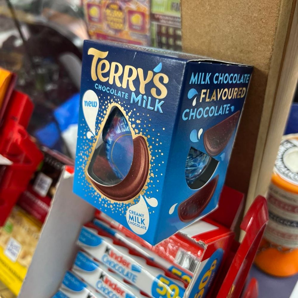 Something that looks like a Terry's Chocolate Orange in its box, but it's blue instead of orange and it's labelled ‘Terry’s Chocolate Milk’