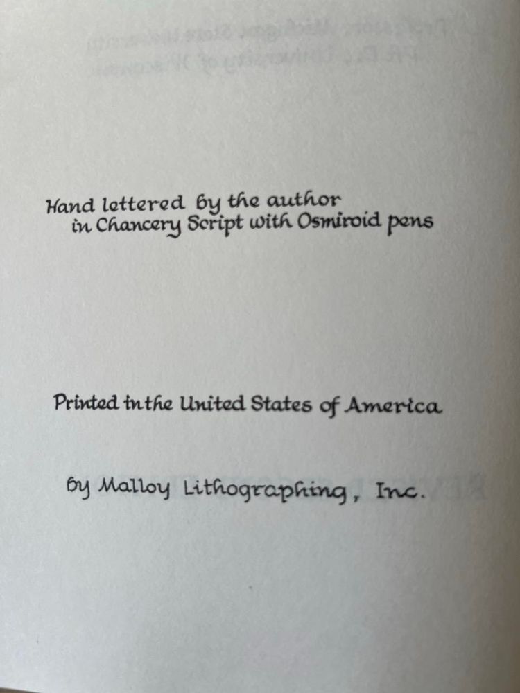 The inside cover, which says: Hand lettered by the author in Chancery Script with Osmiroid pens