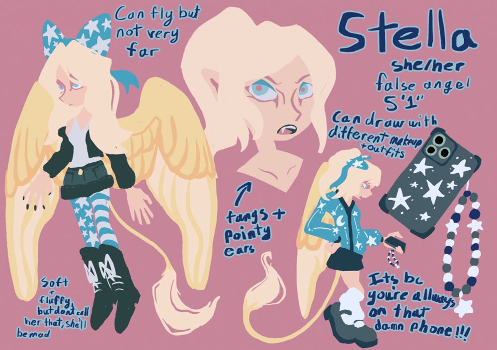 reference sheet of a girl with angel wings and a tail