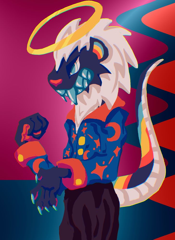 digital lineless art of Roko, an anthro lion with a snake tail, wearing a collared shirt.