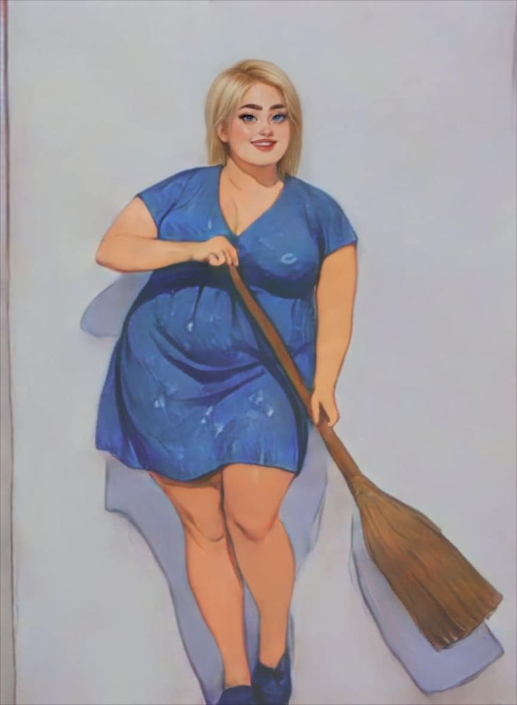 Overweight, blonde woman sweeping