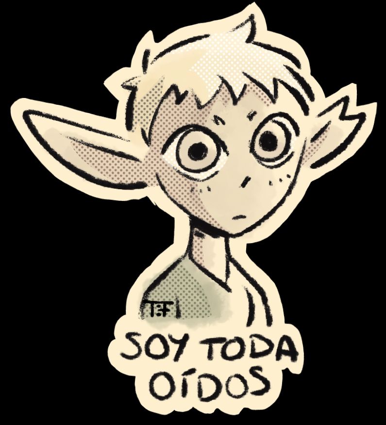 A Sunny sticker with massive ears and the text "I'm all ears" in spanish.
