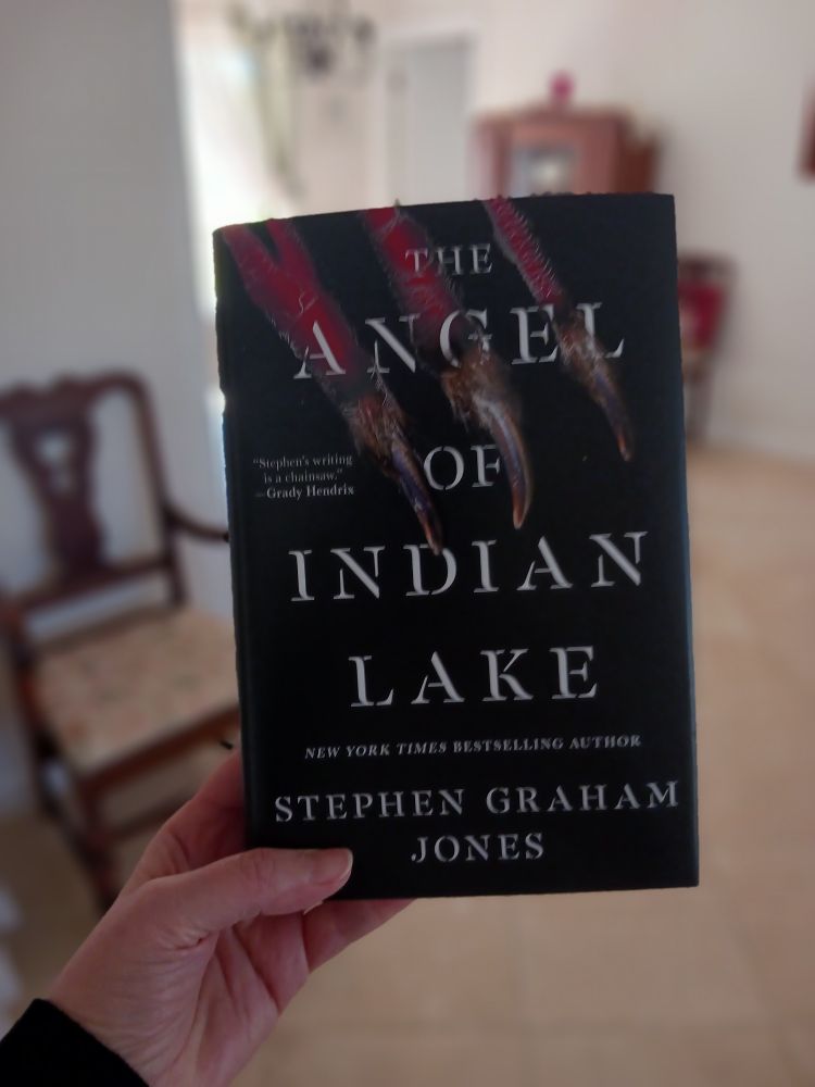 Hand holding up a copy of the book The Angel of Indian Lake by Stephen Graham Jones