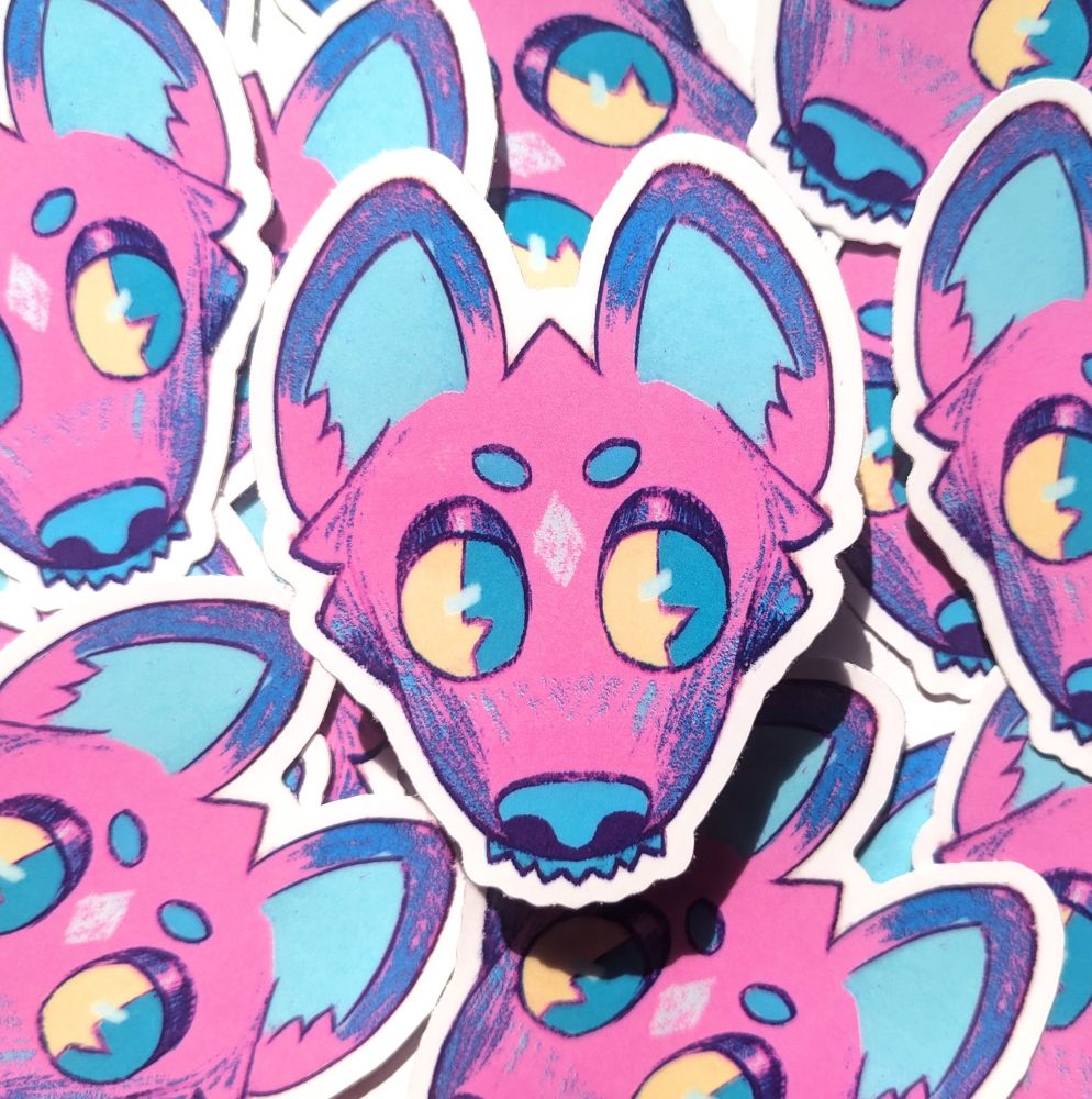 A brightly colored hyena sticker