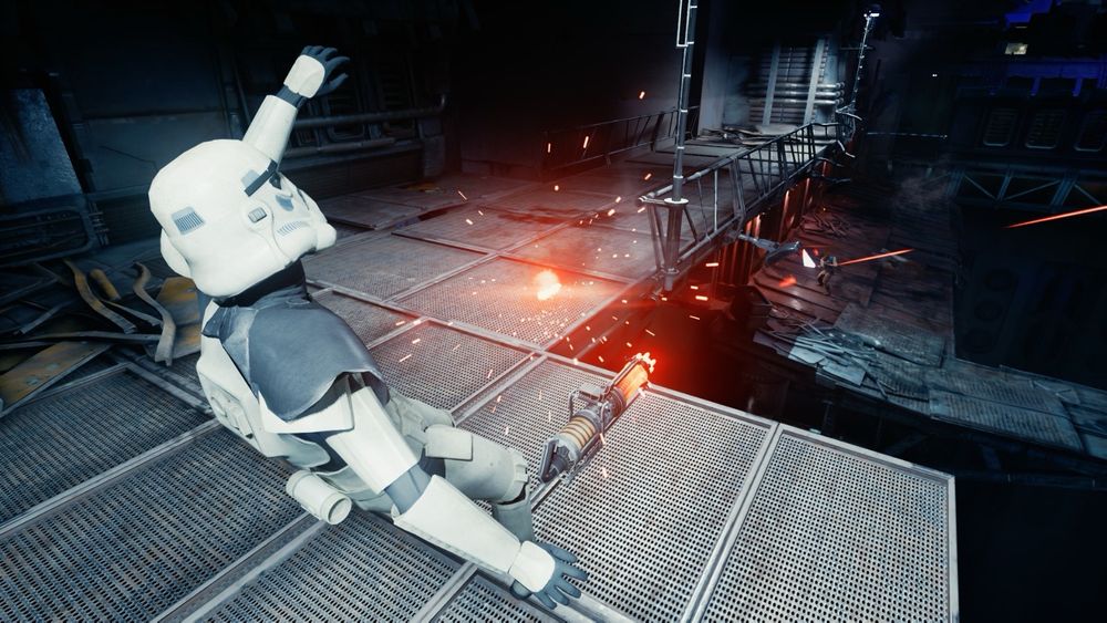 Behind shoulder image of stormtrooper being shot taken in game of Jedi Survivor 