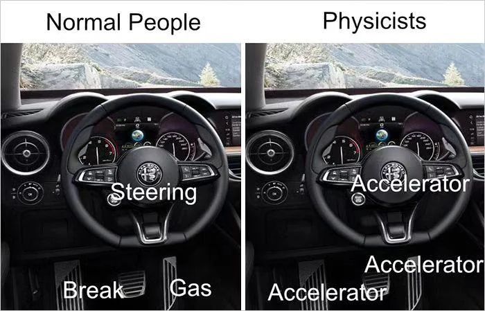 A jokey meme with two photos of a car's cockpit with steering wheel, brakes and accelearator pedal visible. The first photo is captioned "normal people," the second, "physicists." 

The "normal people" photo has the accelerator pedal labeled "gas", the brake pedal labeled "brake," the "physicists" version has both the accelerator and brake pedals labeled "accelerator," because physicists. 