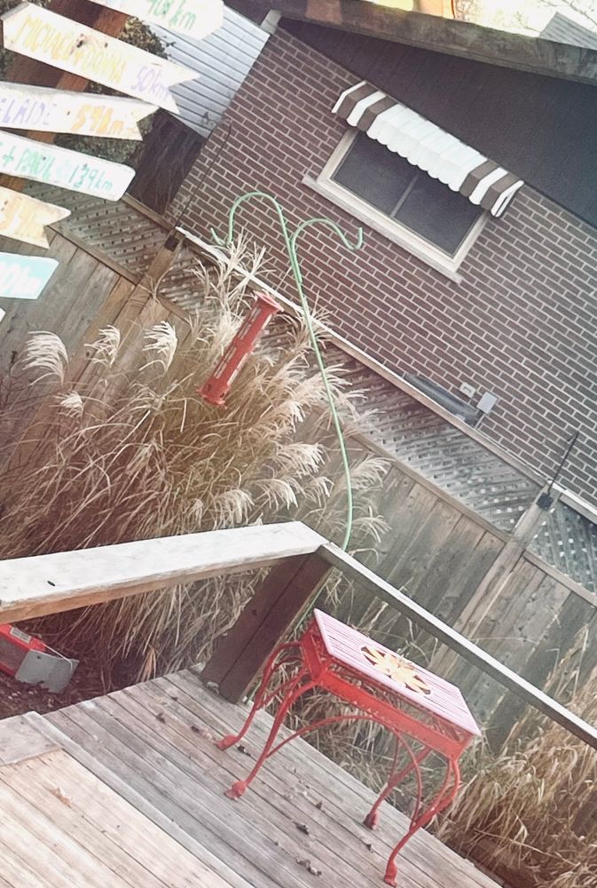 A bent bird feeder pole and one fallen bird feeder. Fat raccoon?