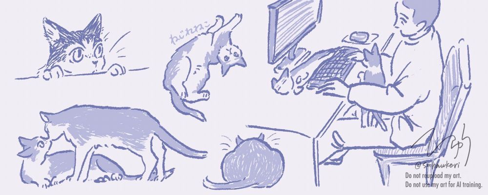 たじま・はないに似たねこの図いろいろ。後ろ姿や捻れた姿勢、パソコン作業するはないを2匹で邪魔する様子など