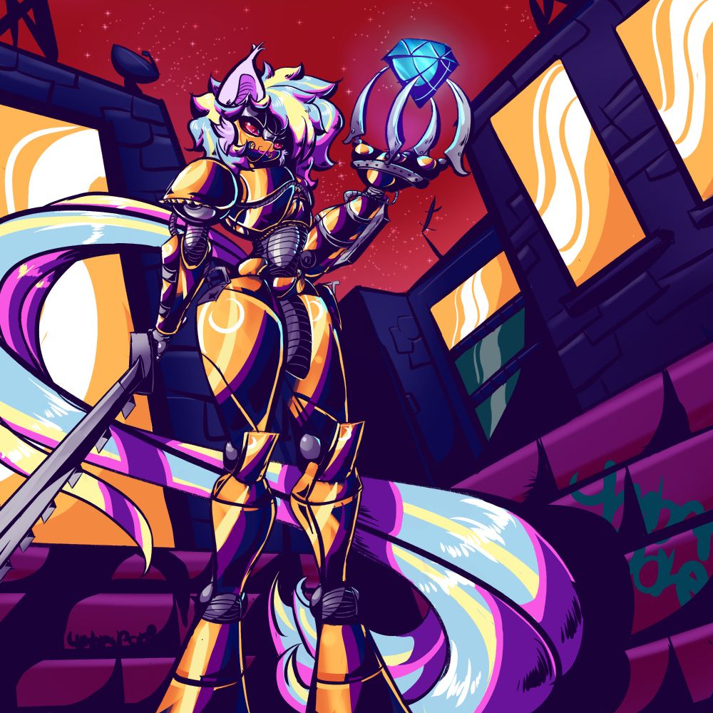 Bass-Beat in her supervillain power armour holding a giant glowing diamond.

Her armour is extremely shiny reflecting the light from the environment. She is wielding a serrated sword and has a claw arm too