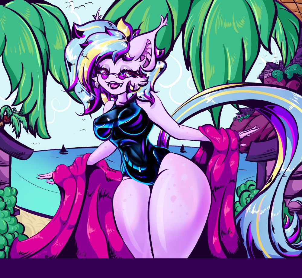 Bass-Beat on the beach dressed in a shiny monokini swimsuit and round sunglasses. 
She is taking off a towel

The are various houses and  boats on the water in the background 