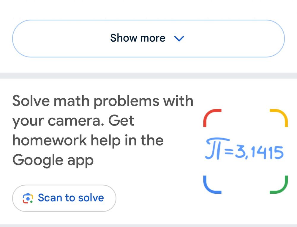 Text reading "Solve math problems with your camera. Get homework help in the Google app." 