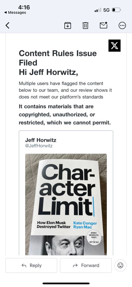 A copy of ryan mac’s book, character limit, which twitter seems to think is a copyright violation. 