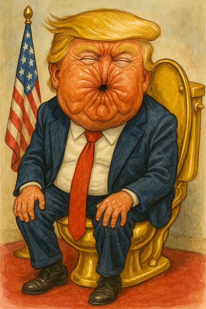 Donnie sitting on a golden toilet. His mouth is a sphincter, representing where his shit spews from. 