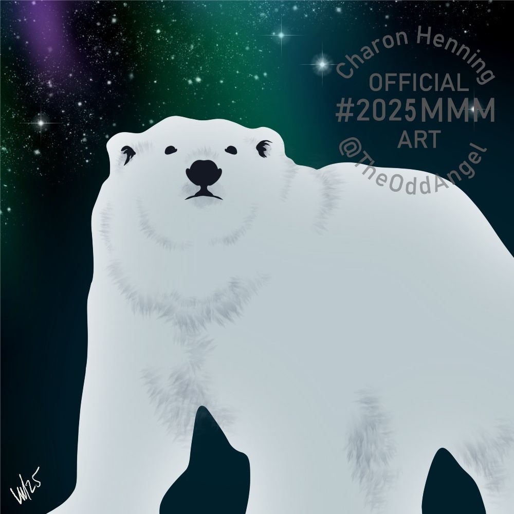 A minimally rendered polar bear is moving to the left of the frame, head up and looking directly at the viewer, the Northern Lights against the night sky in the background