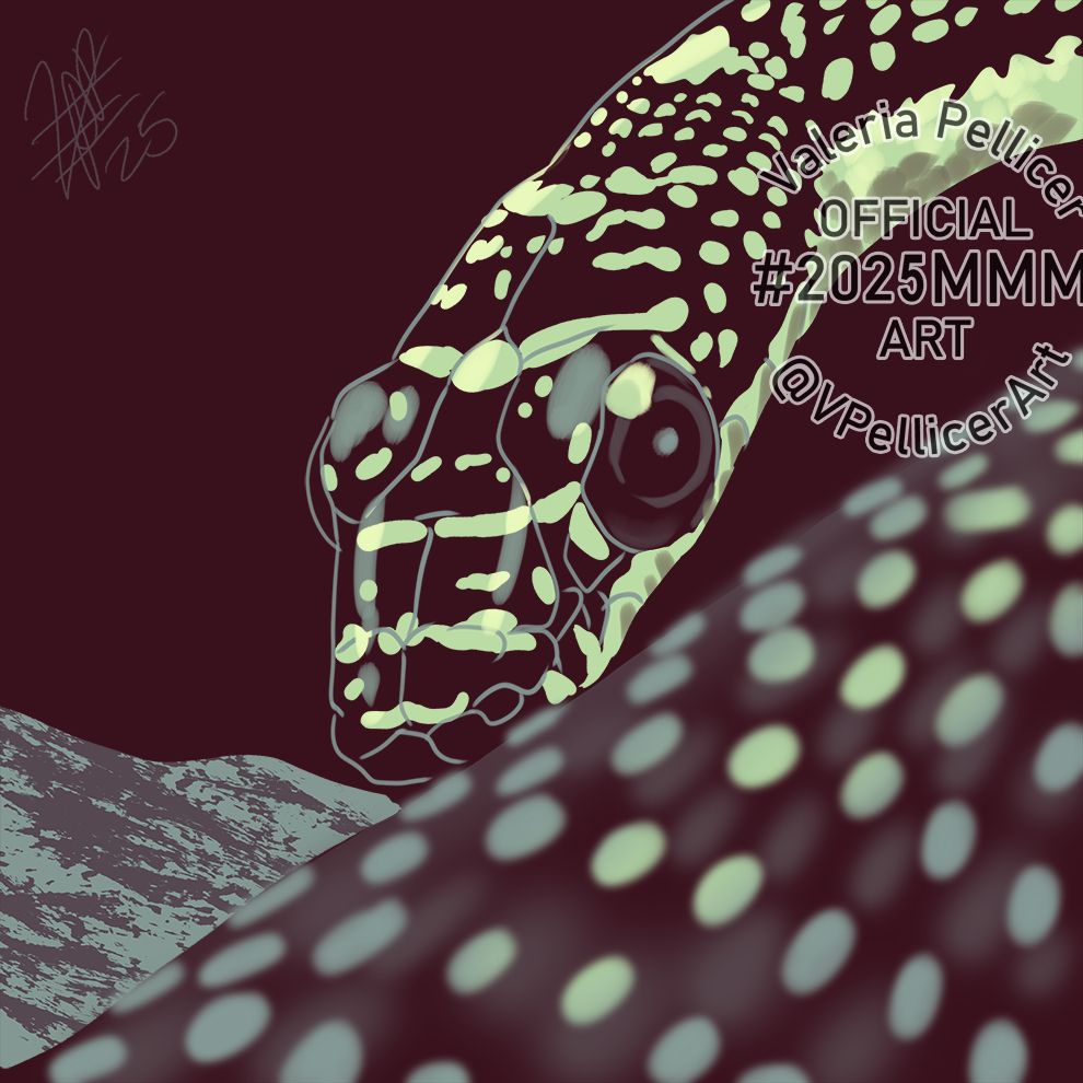 A snake with close focus on the eyes and head, rendered in shades of maroon and chartreuse 