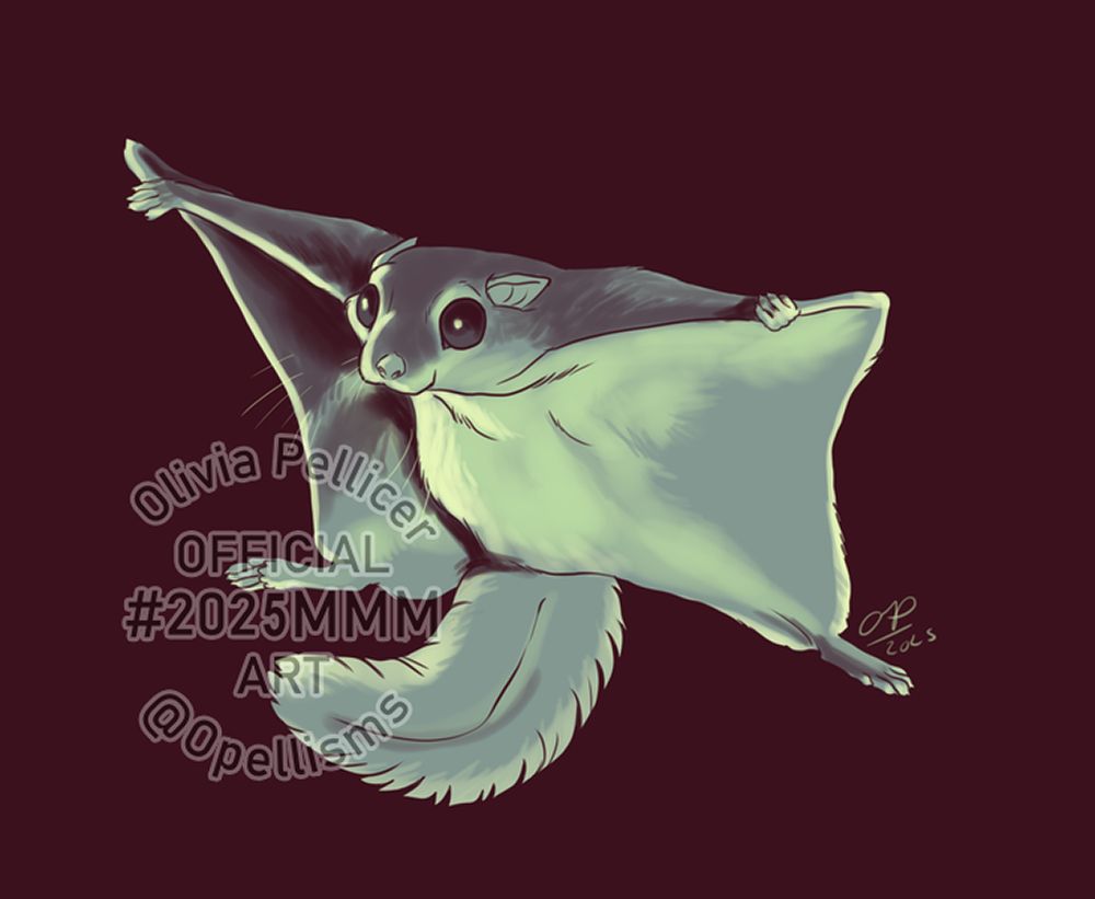 A small compact flying squirrel in “flight” rendered in cool tones with under-highlights in warmer colors, moving toward the viewer