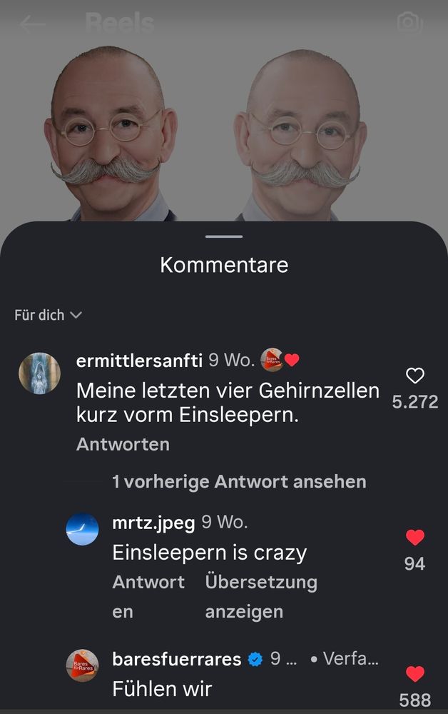 Instagram Screenshot: Horst Lichter Meme. Meine Druko darunter "Meine letzten vier Gehirnzellen kurz vorm Einsleepern" - Jemand antwortete darauf: "Einsleepern is crazy" - Bares für Rares antwortet antwortete ebenfalls mit "Fühlen wir" 