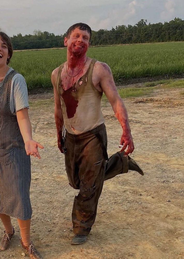 Jack O'Connell in costume as the vampire Remmick behind the scenes of Sinners