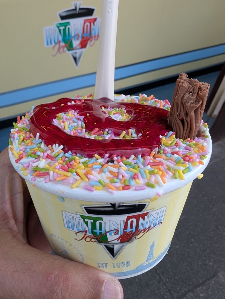Notarianni's ice cream with sugar sprinkles, raspberry sauce and a chocolate flake