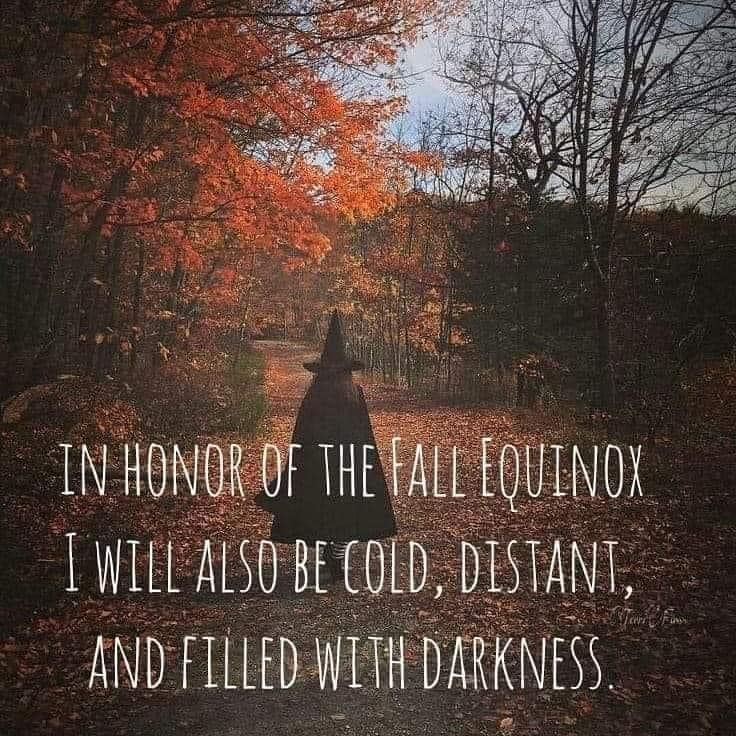 A figure in a "witch" hat and cape is walking through the autumn woods.  Text reads "In honor of the Fall Equinox I will also be cold, distant, and filled with darkness."