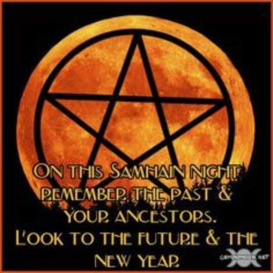Pentacle over an orange moon.  Text says "On this Samhain Night remember the past & your ancestors.  Look to the future & the New Year."