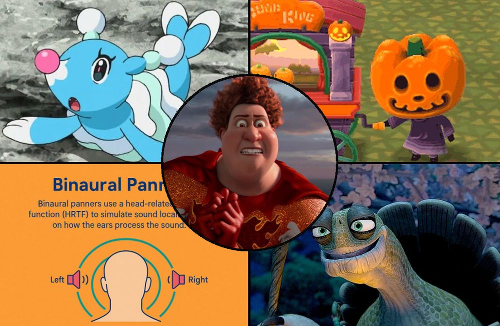 Joke thumbnail for an "all bosses" video for a game. 
Top left shows the Pokemon "Brionne". Top right shows Jack from Animal Crossing's Halloween event. Bottom left is a random picture involving audio panning. Bottom right shows Master Oogway from Kung Fu Panda. And the center shows "Tighten" from Megamind. 