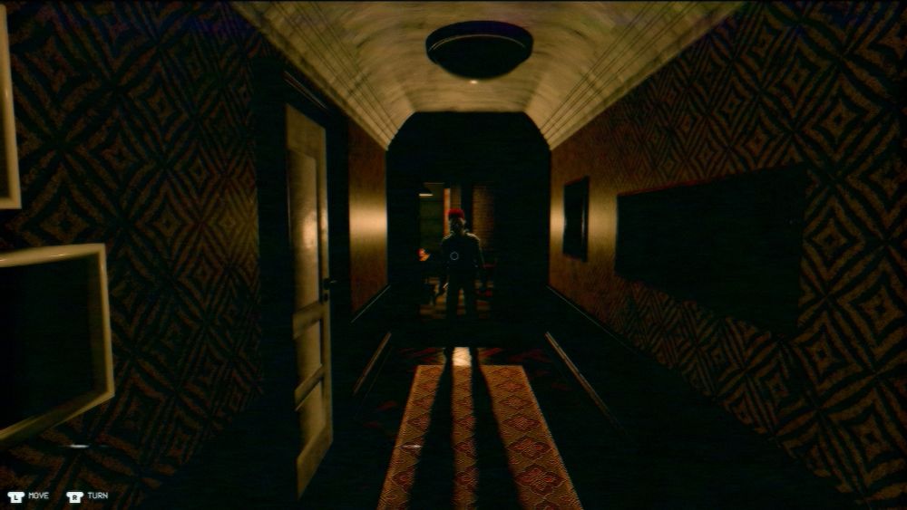 In-game screenshot; The player is standing in some hallway. At the end of the hallway, there is a doorway. In the doorway stands a man with a clown mask. He has a hammer in his hand and is staring menacingly at the player.