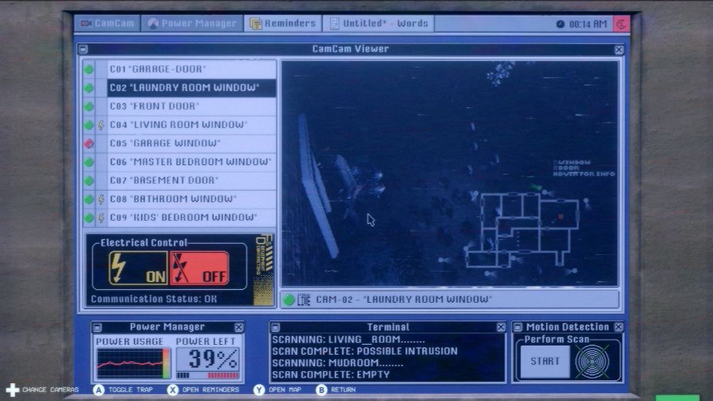 In-game screenshot; The player is using a laptop. On the screen is camera footage showing a masked man standing in front of a window. There is a button to turn some electrical device on or off, and a power meter showing that there is 39% power left.
