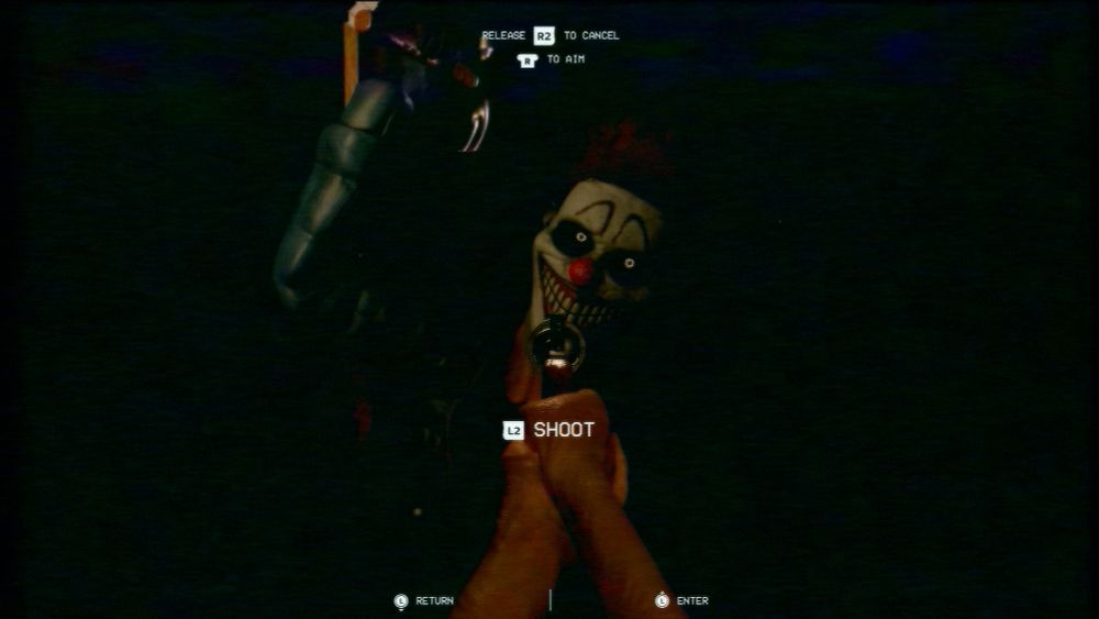 In-game screenshot; A man with a clown mask is about to swing a hammer at the player. The player is holding a revolver and is aiming it at the man. The UI prompts the player to shoot.