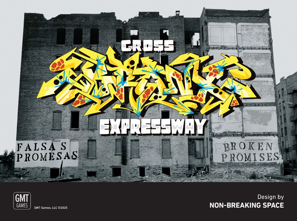black and white photo of abandoned building in the south bronx with stencils that say "broken promises" in spanish and english. on top of this in color is a wild style graffiti piece of the game title "cross bronx expressway"