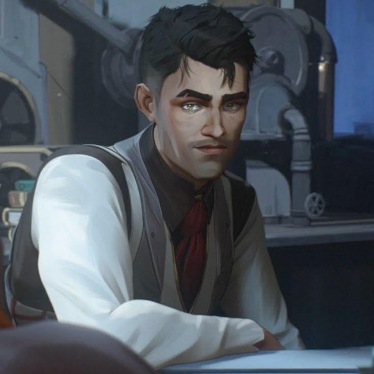 Jayce sitting in the lab. His hair is messy and he looks incredibly tired. He's also smiling slightly. He looks so done with everything. 