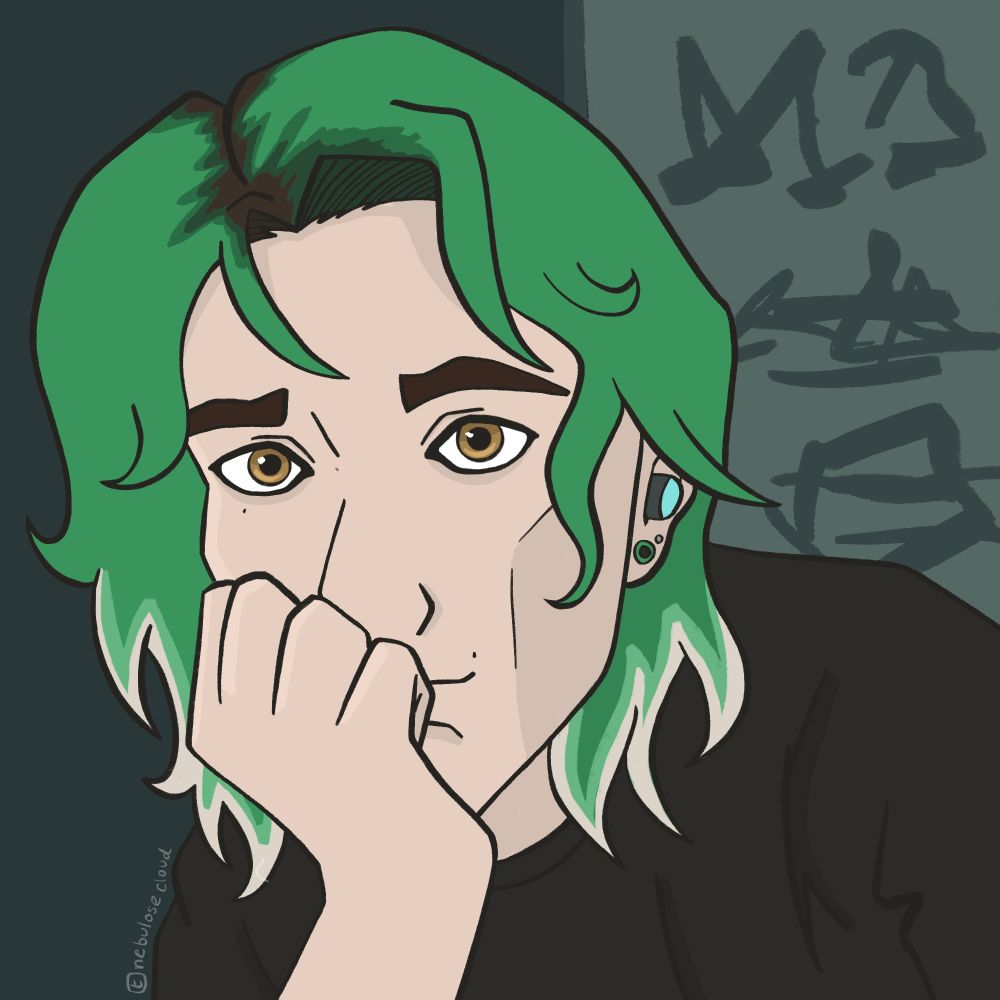 A drawing of the character Viktor from the TV show Arcane in a modern setting. They are leaning against their hand and smiling at someone. Their hair is long, like their commune form, and dyed green. The ends are bleached and their roots are grown out. They are wearing an earbud and have a small green gage in their ear with a silver piercing next to it. There is a vague poster on the wall behind them. They are wearing a simple black T-shirt. 