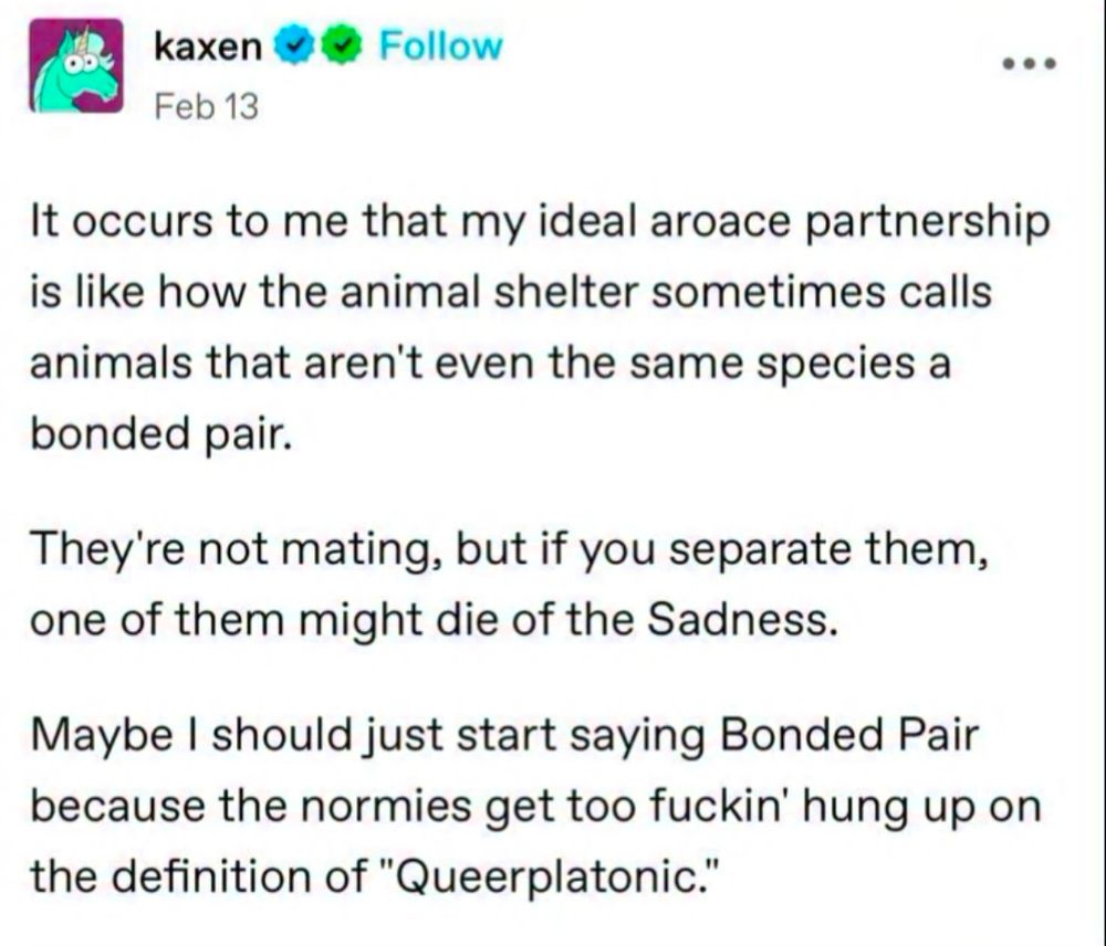 A Tumblr post made by user Kaxen. It reads "It occurs to me that my ideal aroace partnership is like how the animal shelter sometimes calls animals that aren't even in the same species a bonded pair. 

They're not mating, but if you separate them, one of them might die of Sadness. 

Maybe I should just start saying Boned Pair because normies get too fuckin' hung up on the definition of 'Queerplatonic.'"