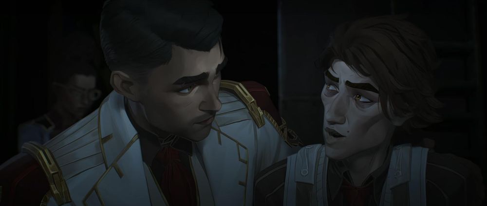 Jayce and Viktor looking at each other like they hang the starts in the night sky for one another 