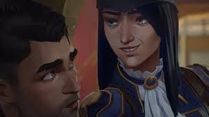 Caitlyn grinning at Jayce who looks mildly concerned 
