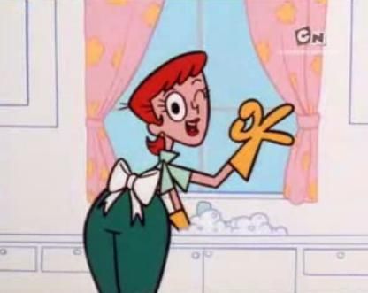 Dexter's mom from Dexter's Lab. She is washing dishes and giving okay sign. 