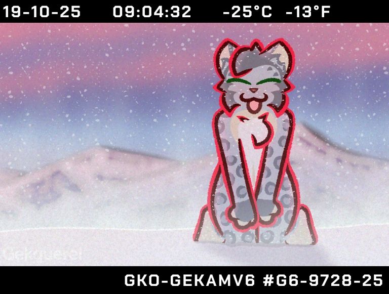 Gek kneeling in the snow with mountains visible behind him, and a beautiful morning sky. His eyes are closed and hes sticking his tongue out, blepping.
the artwork is framed as a trailcam image, showing the following information:
19-10-25 09:04:32 -25c -13f
GKO-GEKAMV6 #G6-9728-25