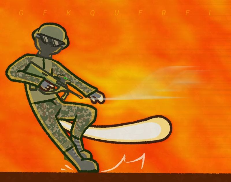 Gekkat with an AUG and dressed in military atire, im front of a fiery background, sliding to the side

based on a panel from Prequel Adventure